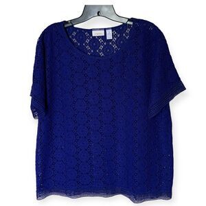 Chico's Cora Crochet Short Sleeve Sweater in Royal Blue - Size 2 or Large